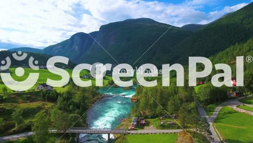 Beautiful Nature Norway Natural Landscape. Aerial Footage Lovatnet Lake.
